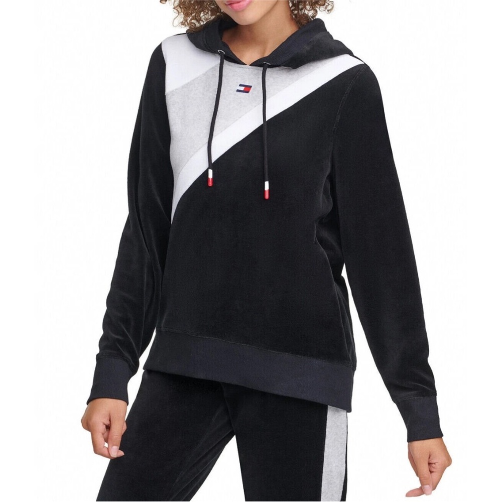 Tommy Hilfiger Women's Black and Gray Hoodie Sweatshirt Long Sleeves